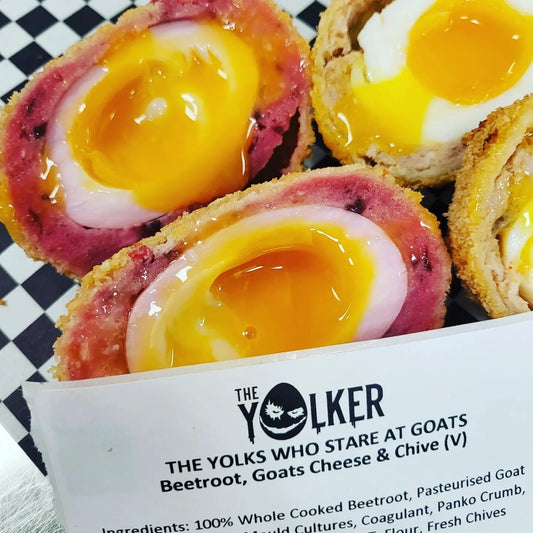 THE YOLKS WHO STARE AT GOATS - Beetroot, Goats Cheese & Chive Scotch Egg (V)